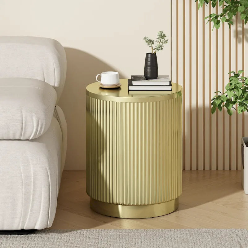 15 Modern Round Side Table with Vertical Stripes and Iron Frame for Living Room or Bedroom