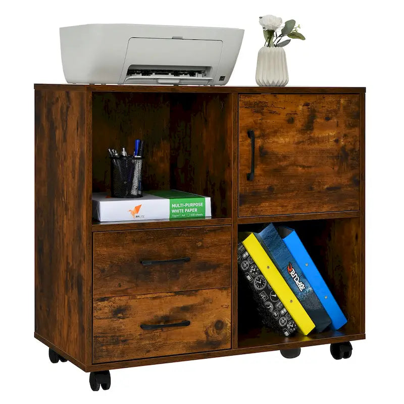 Mobile Lateral Printer Stand with Storage Shelves and Drawers Brown