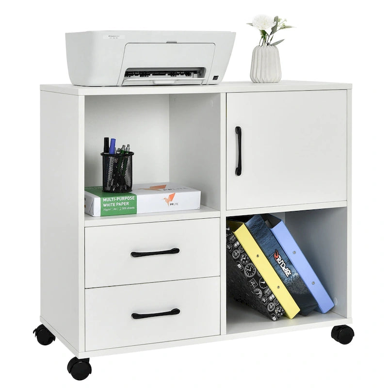 Mobile Lateral Printer Stand with Storage Shelves and Drawers Brown