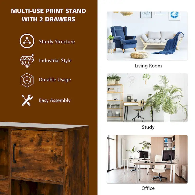 Mobile Lateral Printer Stand with Storage Shelves and Drawers Brown