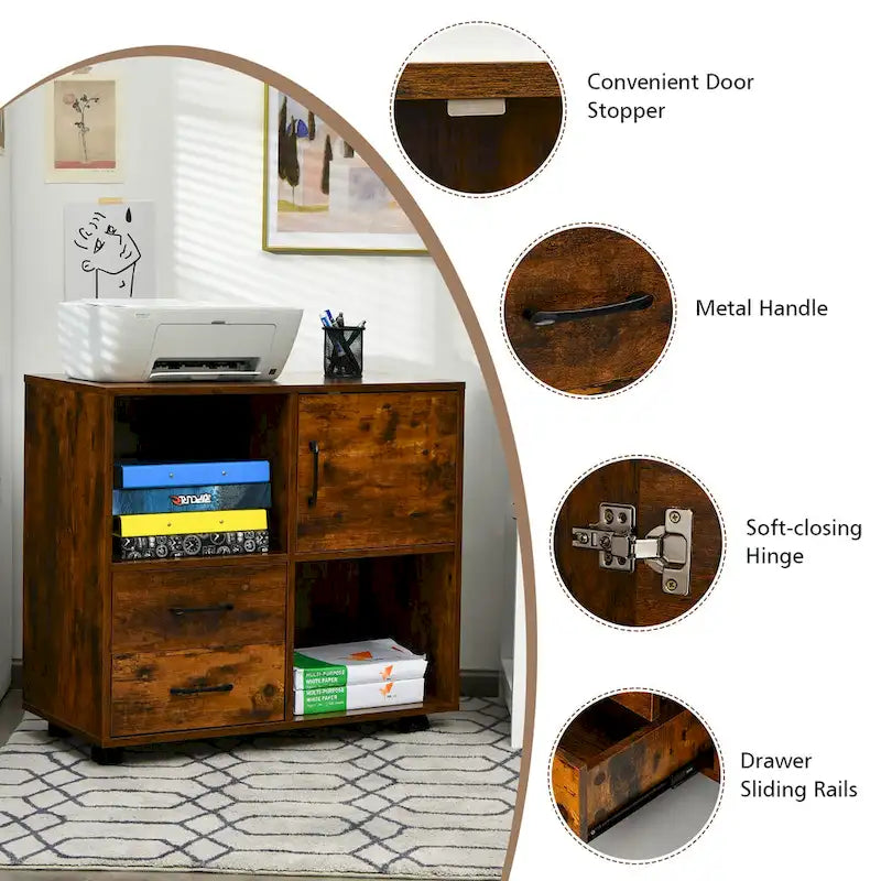 Mobile Lateral Printer Stand with Storage Shelves and Drawers Brown