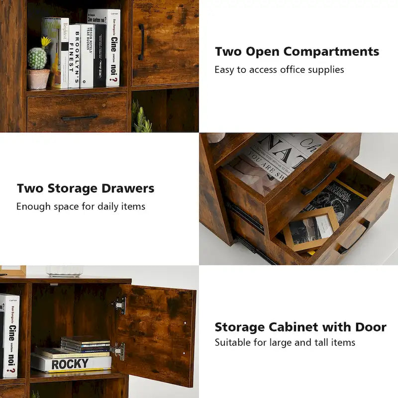Mobile Lateral Printer Stand with Storage Shelves and Drawers Brown