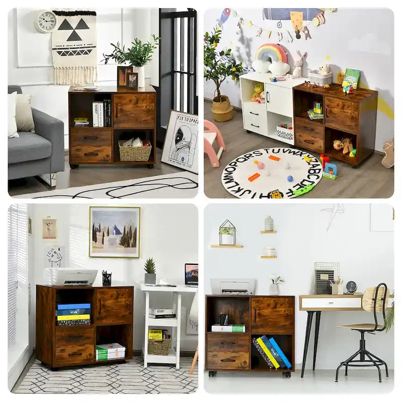 Mobile Lateral Printer Stand with Storage Shelves and Drawers Brown
