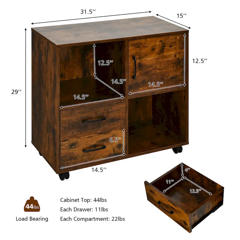 Mobile Lateral Printer Stand with Storage Shelves and Drawers Brown