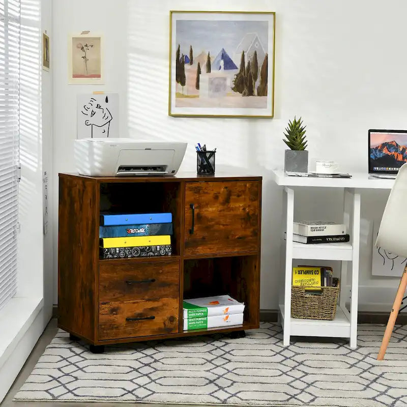 Mobile Lateral Printer Stand with Storage Shelves and Drawers Brown