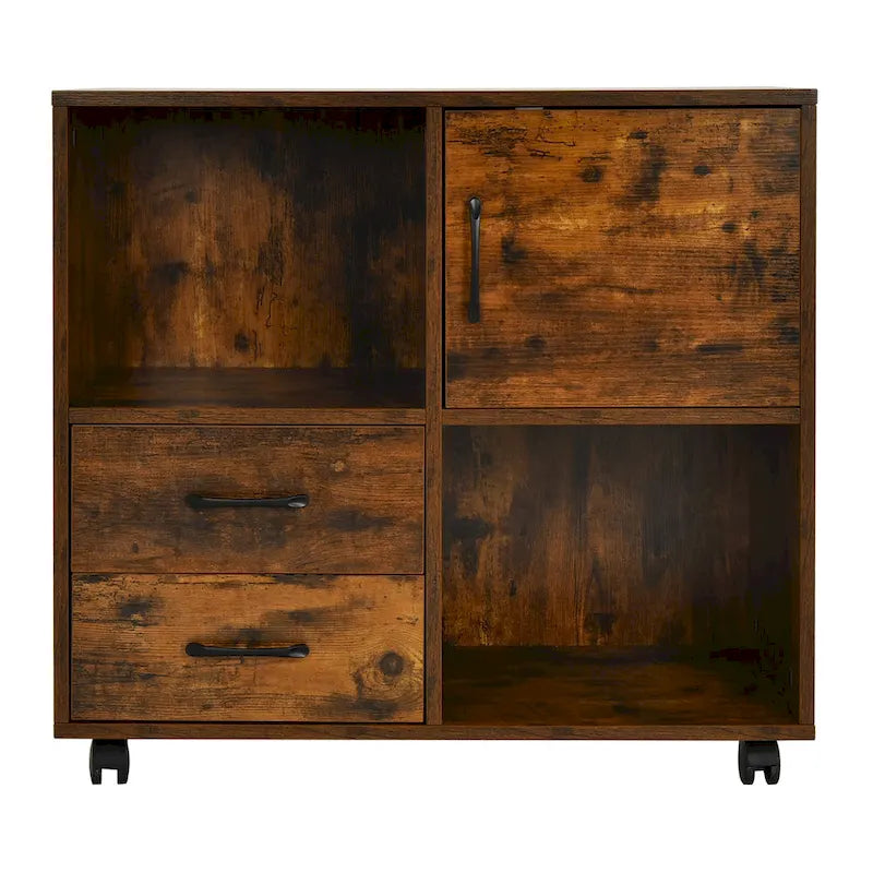 Mobile Lateral Printer Stand with Storage Shelves and Drawers Brown