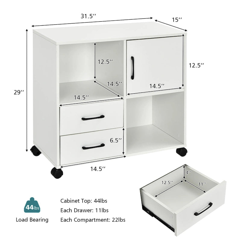 Mobile Lateral Printer Stand with Storage Shelves and Drawers Brown
