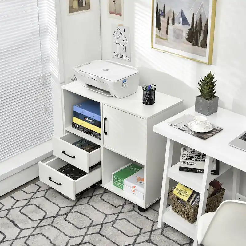 Mobile Lateral Printer Stand with Storage Shelves and Drawers Brown