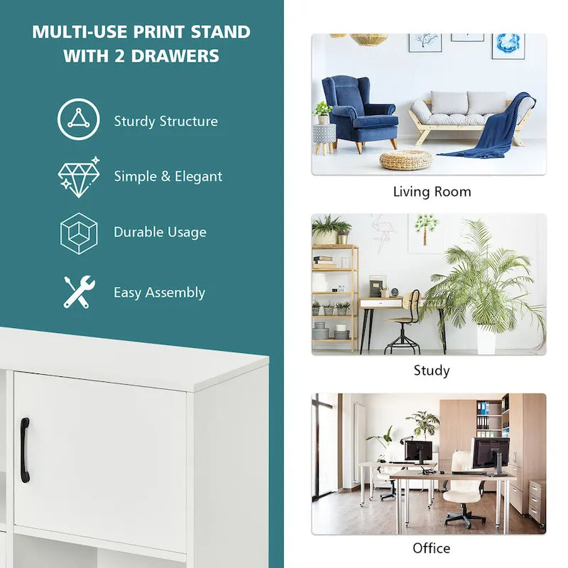 Mobile Lateral Printer Stand with Storage Shelves and Drawers Brown