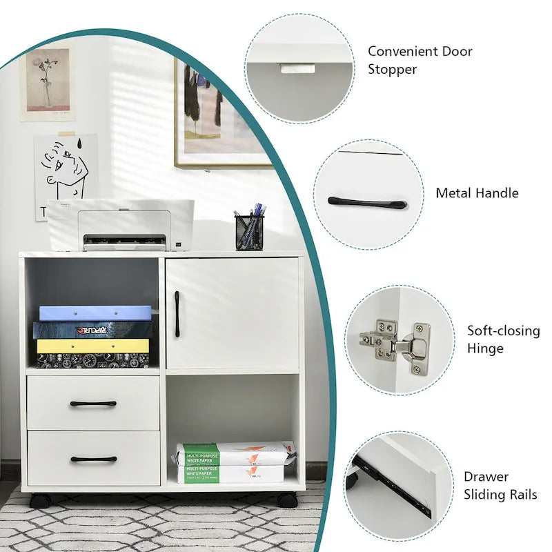 Mobile Lateral Printer Stand with Storage Shelves and Drawers Brown