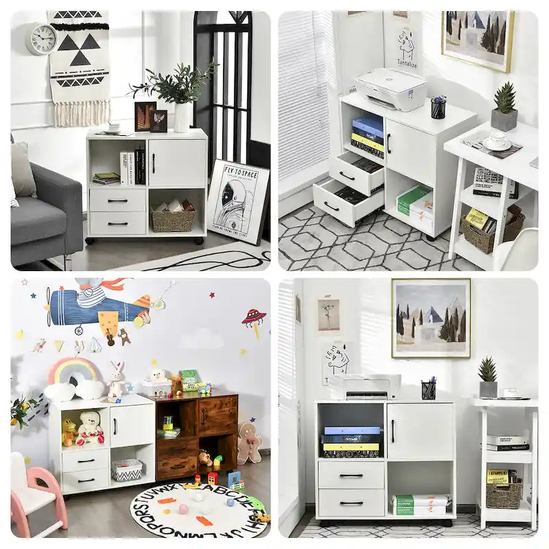 Mobile Lateral Printer Stand with Storage Shelves and Drawers Brown