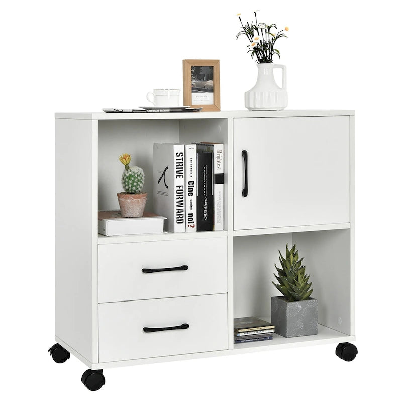 Mobile Lateral Printer Stand with Storage Shelves and Drawers Brown