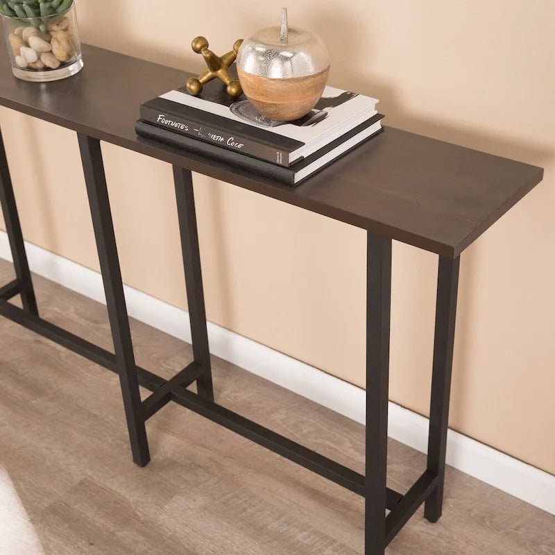 Narrow Industrial Console Table Espresso Wood Matte Black Iron Legs