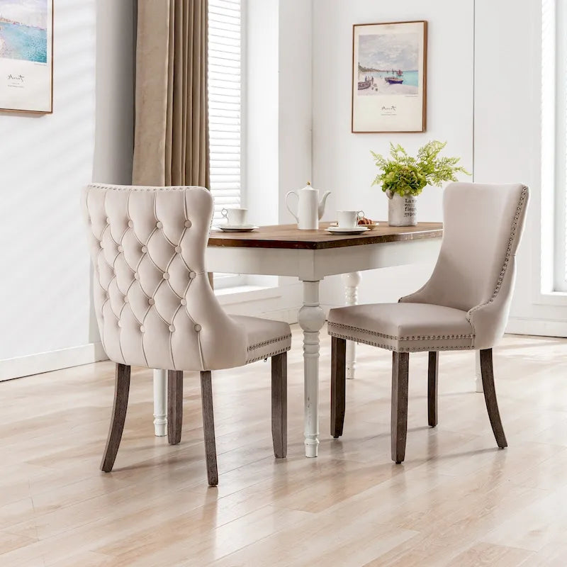 Upholstered Wing-Back Tufted Dining Chair Velvet Nailhead Trim Solid Wood Legs