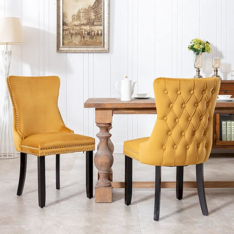 Upholstered Wing-Back Tufted Dining Chair Velvet Nailhead Trim Solid Wood Legs