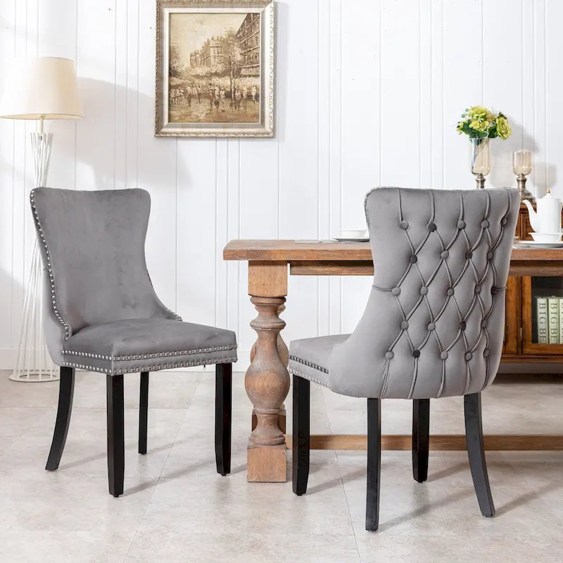 Upholstered Wing-Back Tufted Dining Chair Velvet Nailhead Trim Solid Wood Legs