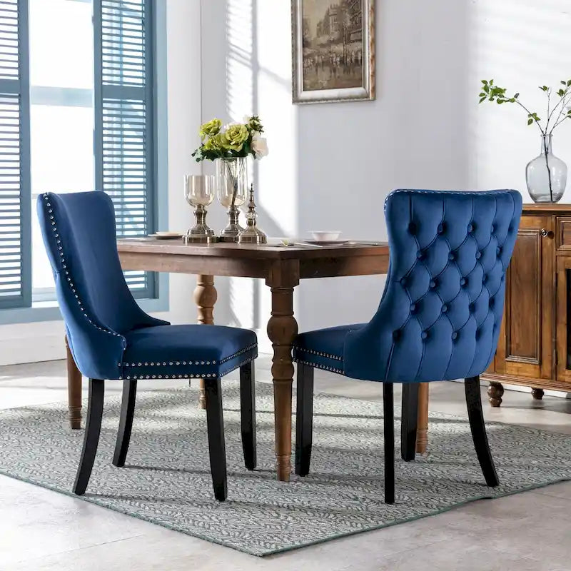 Upholstered Wing-Back Tufted Dining Chair Velvet Nailhead Trim Solid Wood Legs