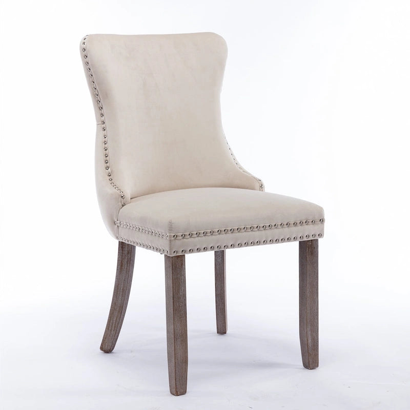 Upholstered Wing-Back Tufted Dining Chair Velvet Nailhead Trim Solid Wood Legs