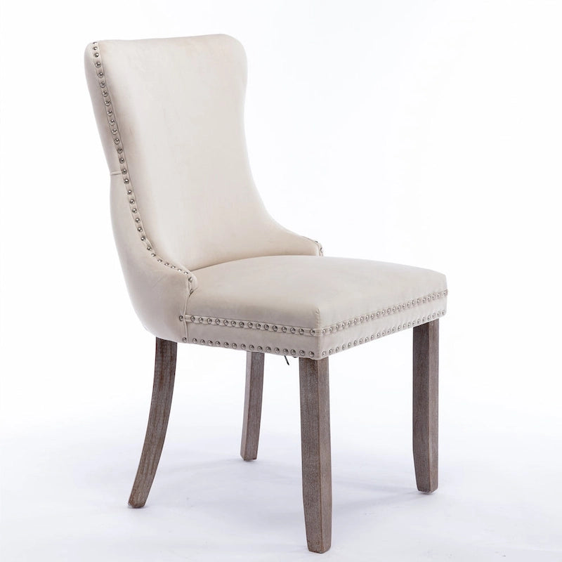 Upholstered Wing-Back Tufted Dining Chair Velvet Nailhead Trim Solid Wood Legs