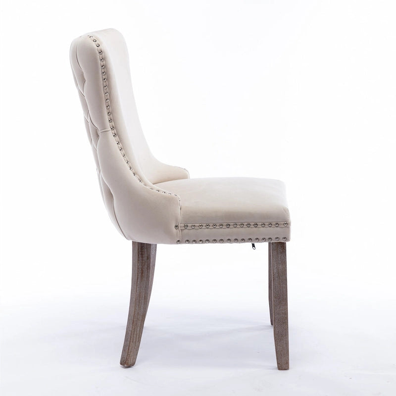 Upholstered Wing-Back Tufted Dining Chair Velvet Nailhead Trim Solid Wood Legs