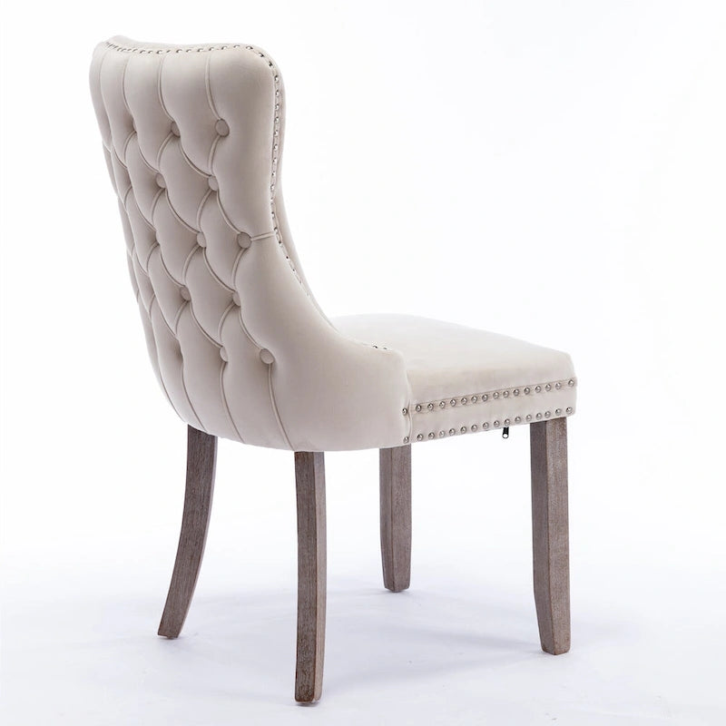 Upholstered Wing-Back Tufted Dining Chair Velvet Nailhead Trim Solid Wood Legs