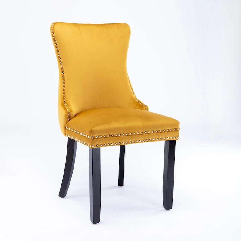 Upholstered Wing-Back Tufted Dining Chair Velvet Nailhead Trim Solid Wood Legs