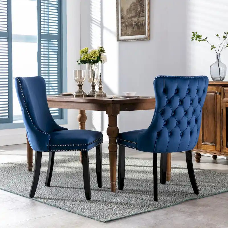 Upholstered Wing-Back Tufted Dining Chair Velvet Nailhead Trim Solid Wood Legs