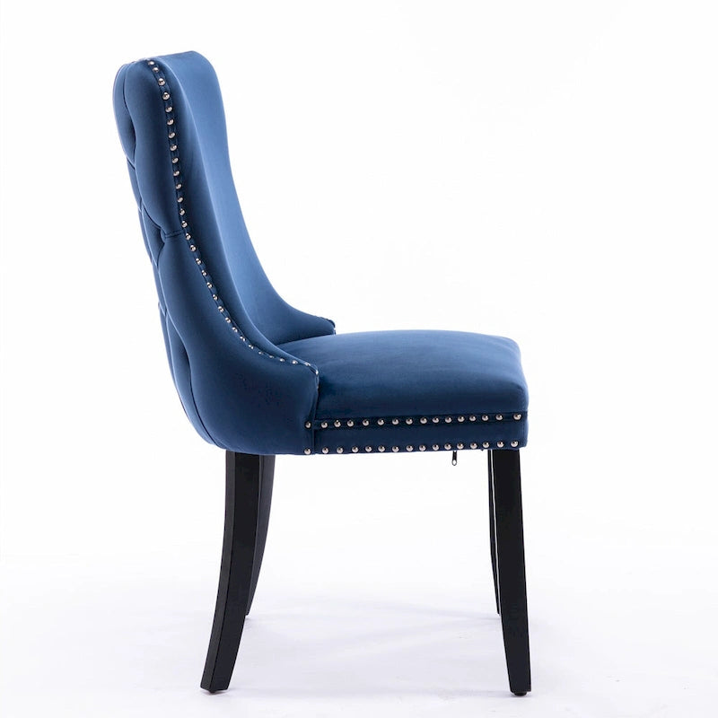 Upholstered Wing-Back Tufted Dining Chair Velvet Nailhead Trim Solid Wood Legs