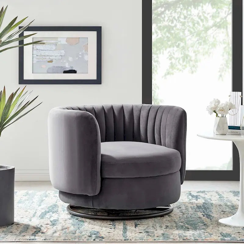 Tufted Velvet Swivel Accent Chair with Black Metal Base