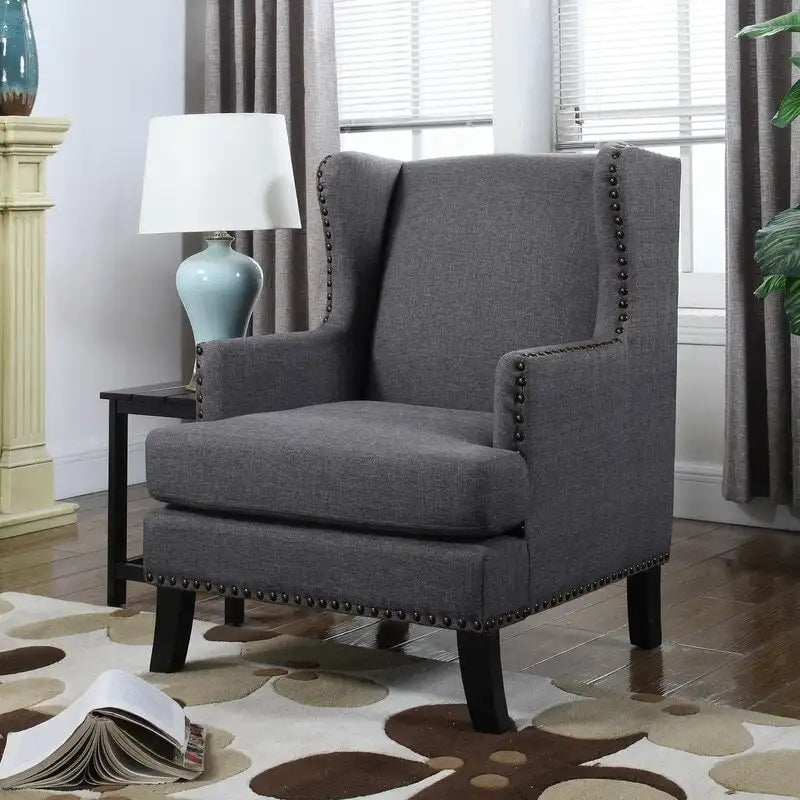 Classic Linen Upholstered Wingback Accent Armchair with Nailhead Trim Grey Beige