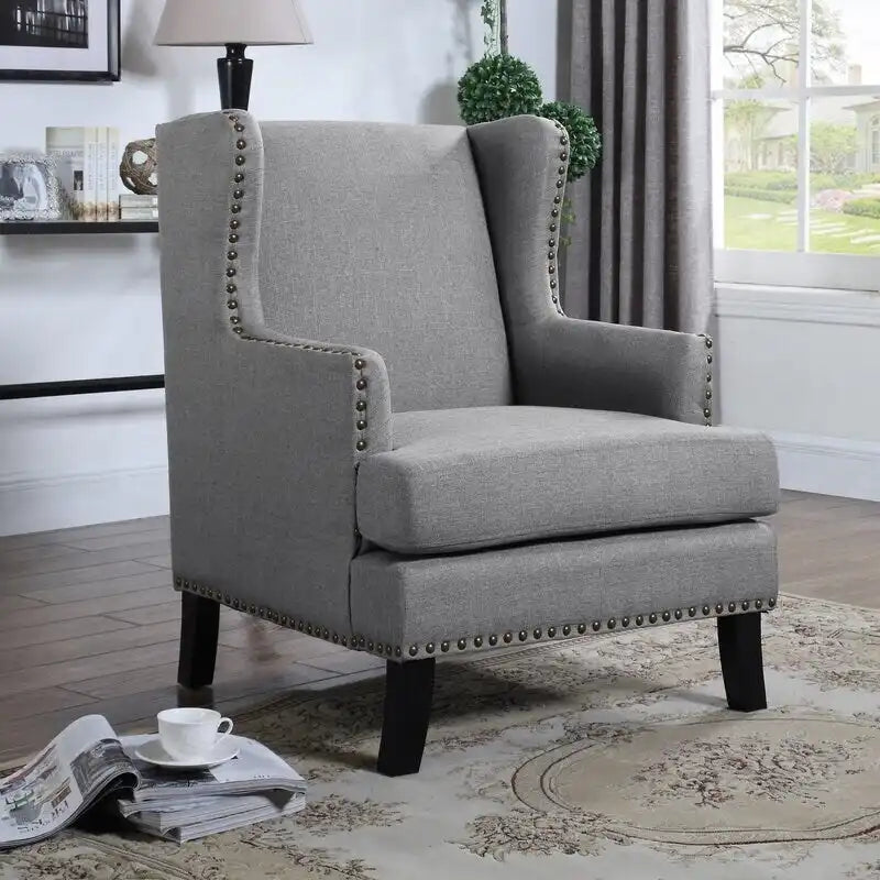 Classic Linen Upholstered Wingback Accent Armchair with Nailhead Trim Grey Beige