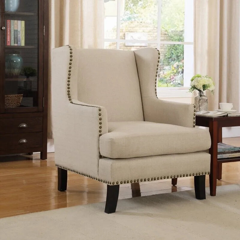 Classic Linen Upholstered Wingback Accent Armchair with Nailhead Trim Grey Beige