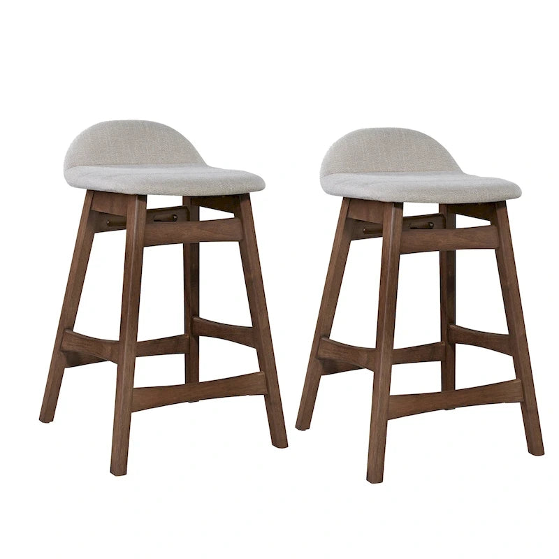 Satin Walnut Upholstered Linen Counter Chair with Curved Back