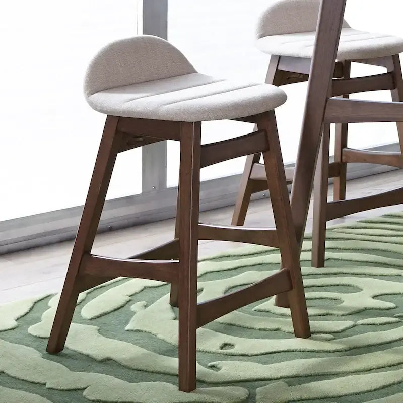 Satin Walnut Upholstered Linen Counter Chair with Curved Back