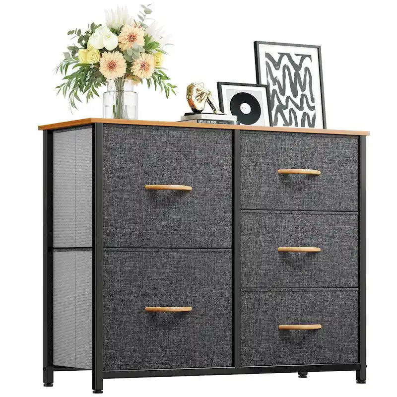 5-Drawer Fabric Storage Dresser with Wood Top and Steel Frame, Grey