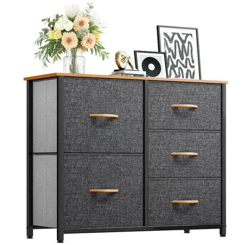 5-Drawer Fabric Storage Dresser with Wood Top and Steel Frame, Grey