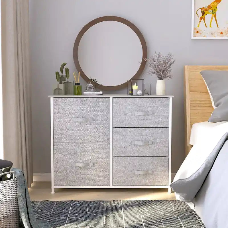 5-Drawer Fabric Storage Dresser with Wood Top and Steel Frame, Grey