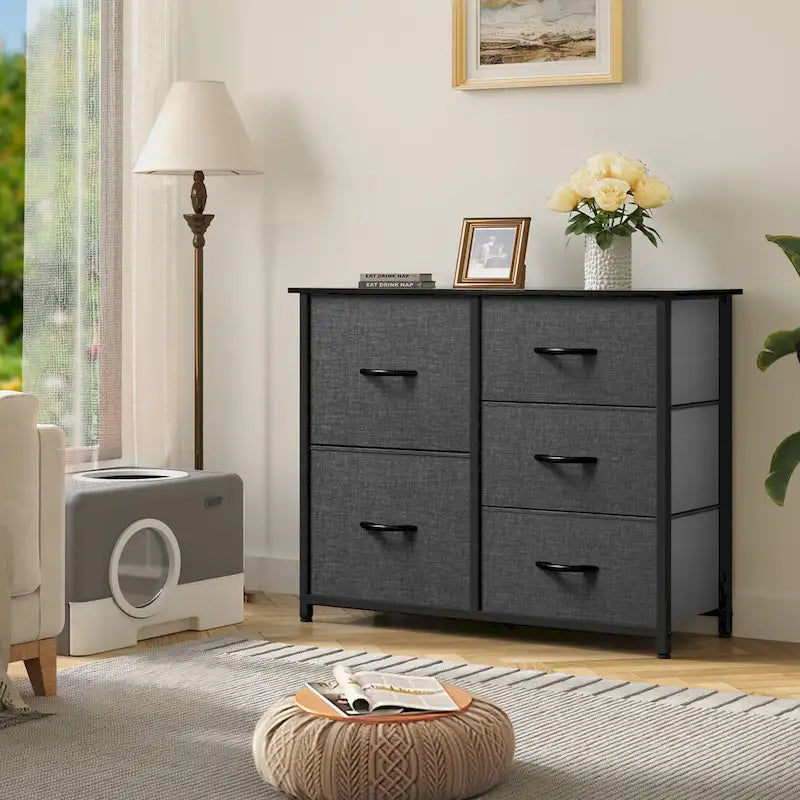 5-Drawer Fabric Storage Dresser with Wood Top and Steel Frame, Grey