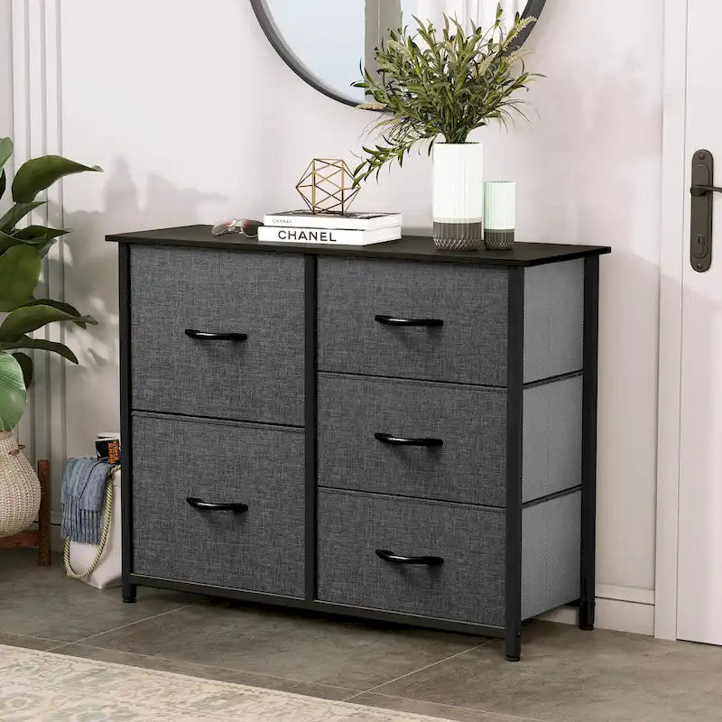 5-Drawer Fabric Storage Dresser with Wood Top and Steel Frame, Grey