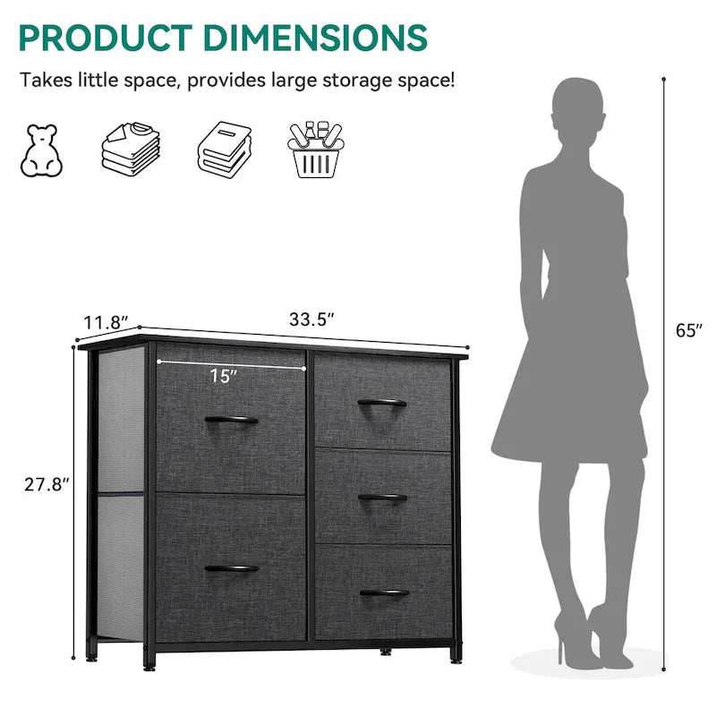 5-Drawer Fabric Storage Dresser with Wood Top and Steel Frame, Grey