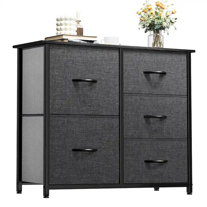 5-Drawer Fabric Storage Dresser with Wood Top and Steel Frame, Grey