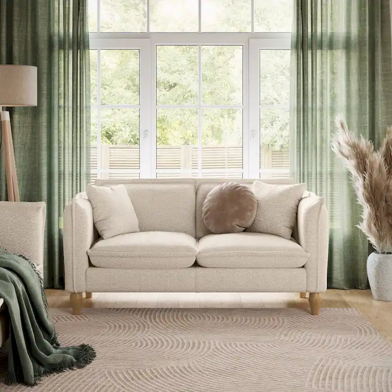 Cream Boucle Two-Seater Loveseat with Wooden Legs and Cushions