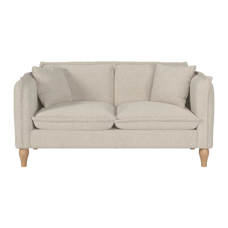 Cream Boucle Two-Seater Loveseat with Wooden Legs and Cushions
