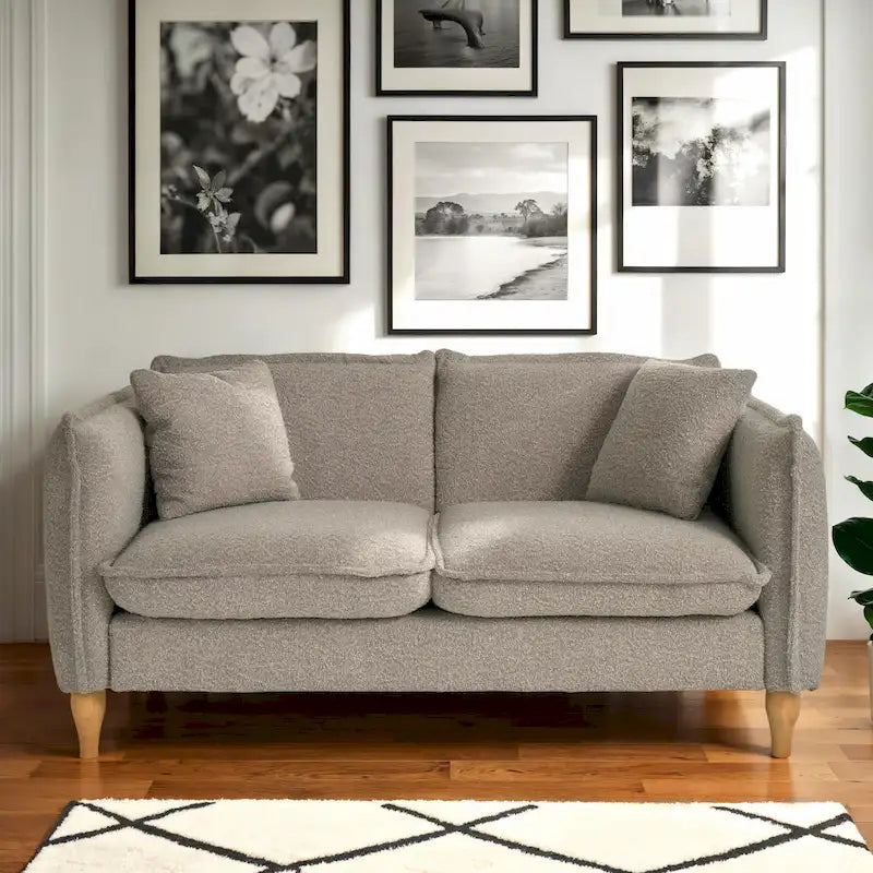 Cream Boucle Two-Seater Loveseat with Wooden Legs and Cushions