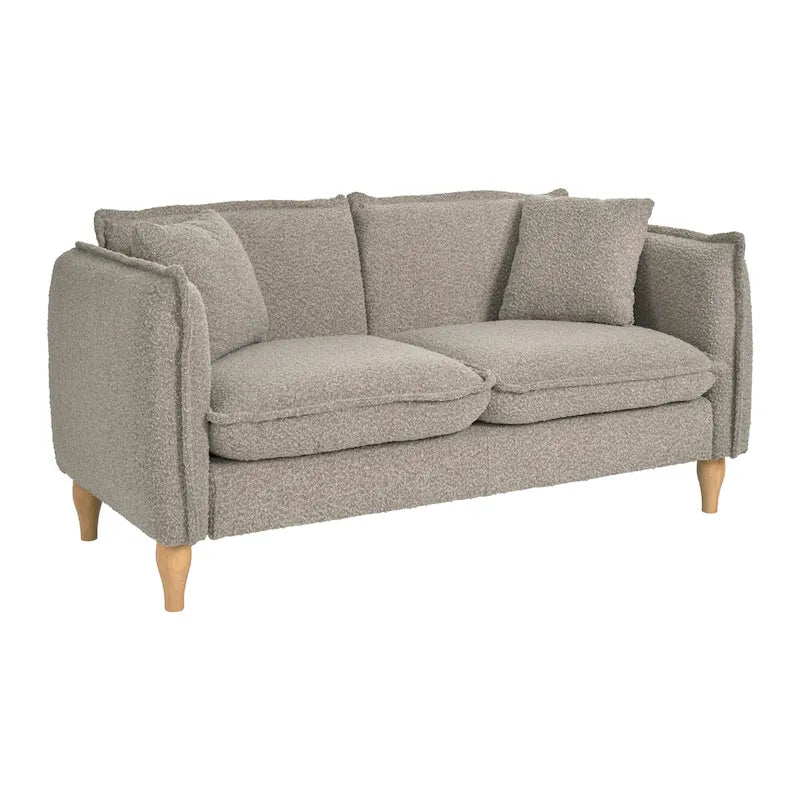 Cream Boucle Two-Seater Loveseat with Wooden Legs and Cushions