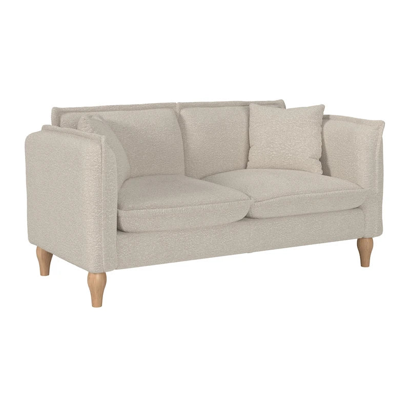 Cream Boucle Two-Seater Loveseat with Wooden Legs and Cushions