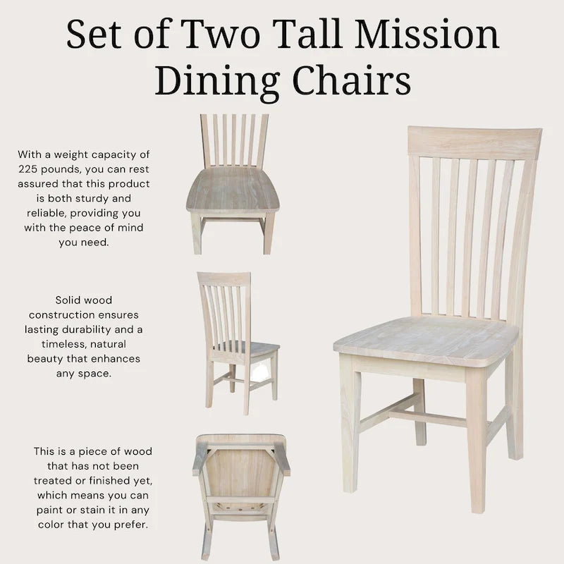 Solid Wood Tall Mission Dining Chair Slatted Back Unfinished Natural