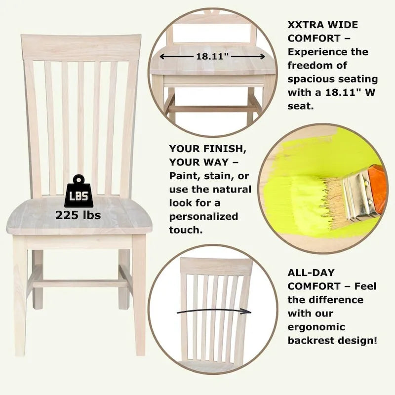 Solid Wood Tall Mission Dining Chair Slatted Back Unfinished Natural