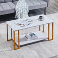 Modern Rectangle Coffee Table with Open Shelf White Marble Texture Gold Black Iron Legs
