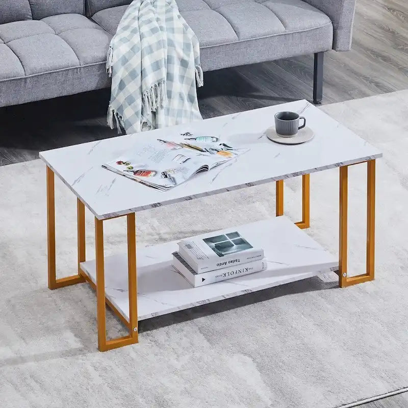 Modern Rectangle Coffee Table with Open Shelf White Marble Texture Gold Black Iron Legs